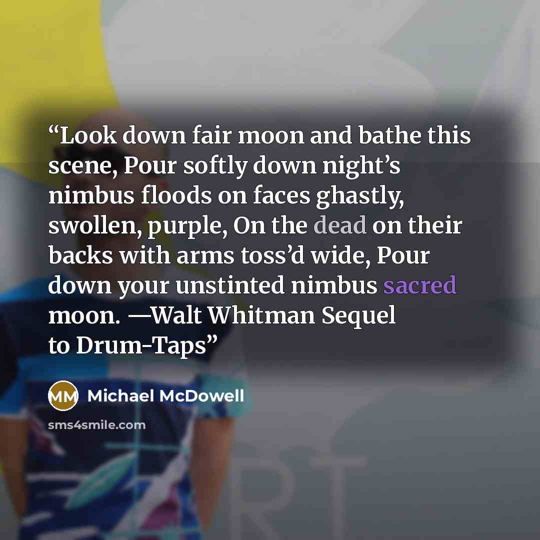 “Look down fair moon and bathe this scene, Pour softly down night’s nimbus floods on faces ghastly, swollen, purple, On the dead on their backs with arms toss’d wide, Pour down your unstinted nimbus sacred moon. —Walt Whitman Sequel to Drum-Taps” quote by Michael McDowell