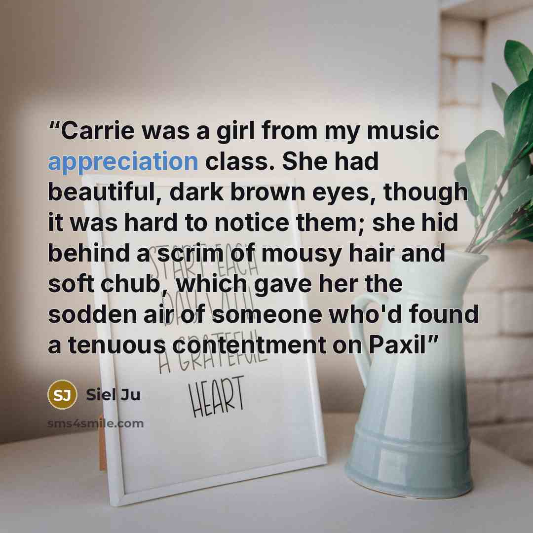 “Carrie was a girl from my music appreciation class. She had beautiful, dark brown eyes, though it was hard to notice them; she hid behind a scrim of mousy hair and soft chub, which gave her the sodden air of someone who'd found a tenuous contentment on Paxil” quote by Siel Ju