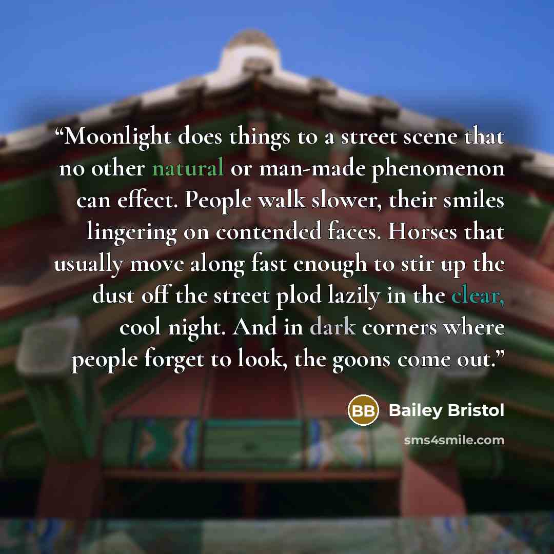 “Moonlight does things to a street scene that no other natural or man-made phenomenon can effect. People walk slower, their smiles lingering on contended faces. Horses that usually move along fast enough to stir up the dust off the street plod lazily in the clear, cool night. And in dark corners…” quote by Bailey Bristol