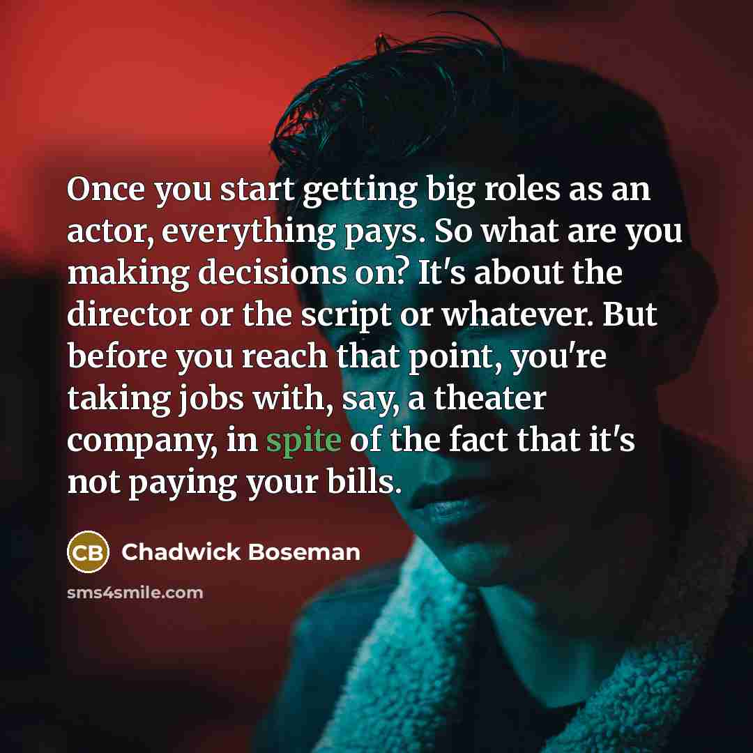 “Once you start getting big roles as an actor, everything pays. So what are you making decisions on? It's about the director or the script or whatever. But before you reach that point, you're taking jobs with, say, a theater company, in spite of the fact that it's not paying your bills.” quote by Chadwick Boseman