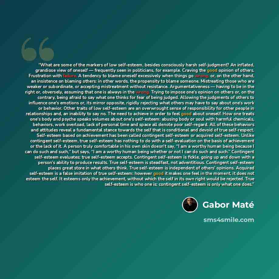 “What are some of the markers of low self-esteem, besides consciously harsh self-judgment? An inflated, grandiose view of oneself — frequently seen in politicians, for example. Craving the good opinion of others. Frustration with failure. A tendency to blame oneself excessively when things go…” quote by Gabor Maté