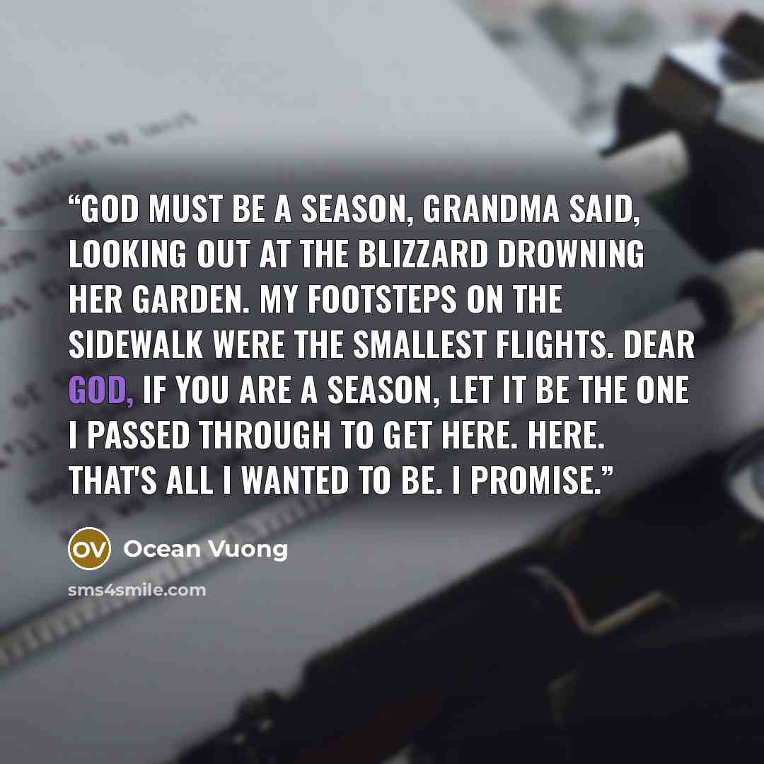 “God must be a season, grandma said, looking out at the blizzard drowning her garden. My footsteps on the sidewalk were the smallest flights. Dear god, if you are a season, let it be the one I passed through to get here. Here. That's all I wanted to be. I promise.” quote by Ocean Vuong