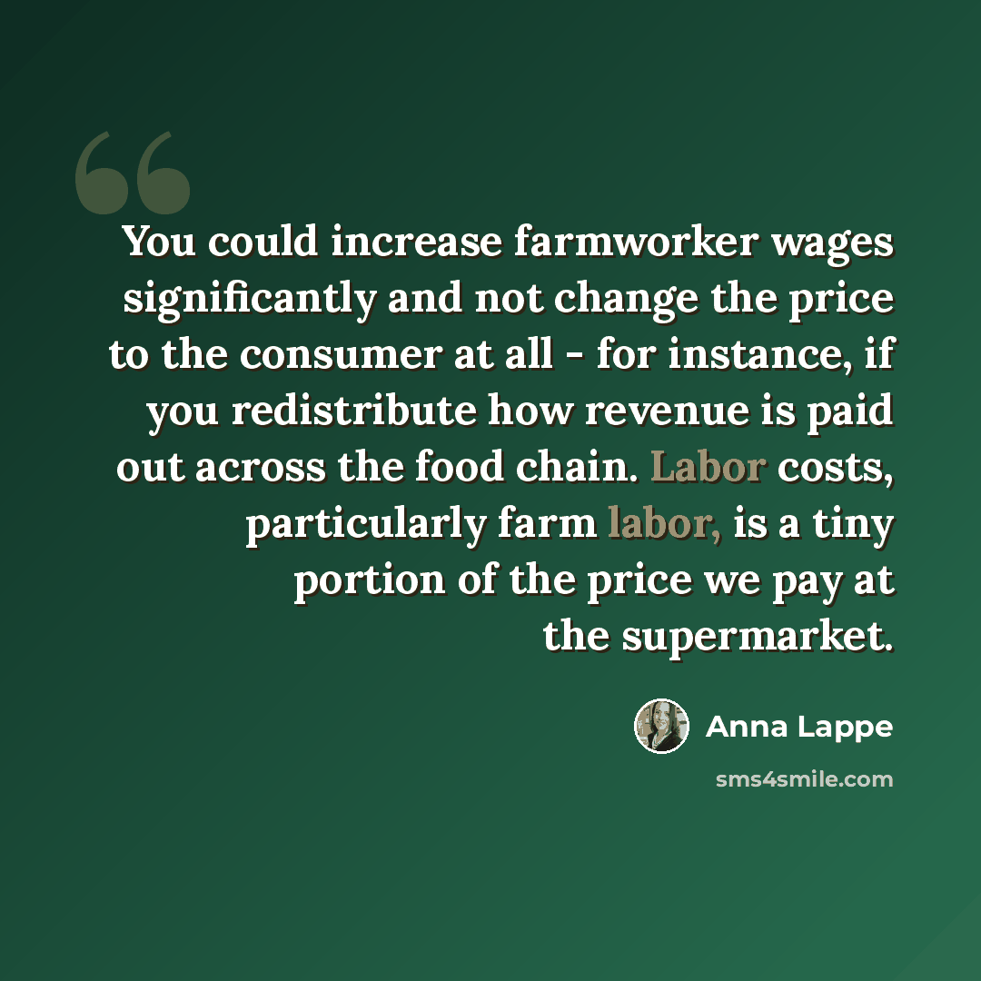 “You could increase farmworker wages significantly and not change the price to the consumer at all - for instance, if you redistribute how revenue is paid out across the food chain. Labor costs, particularly farm labor, is a tiny portion of the price we pay at the supermarket.” quote by Anna Lappe