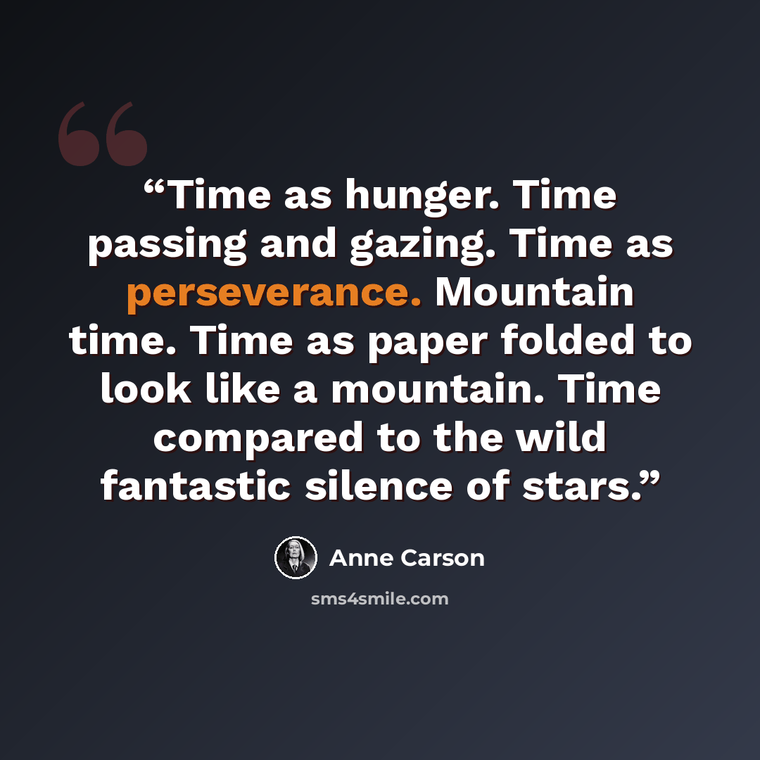 “Time as hunger. Time passing and gazing. Time as perseverance. Mountain time. Time as paper folded to look like a mountain. Time compared to the wild fantastic silence of stars.” quote by Anne Carson