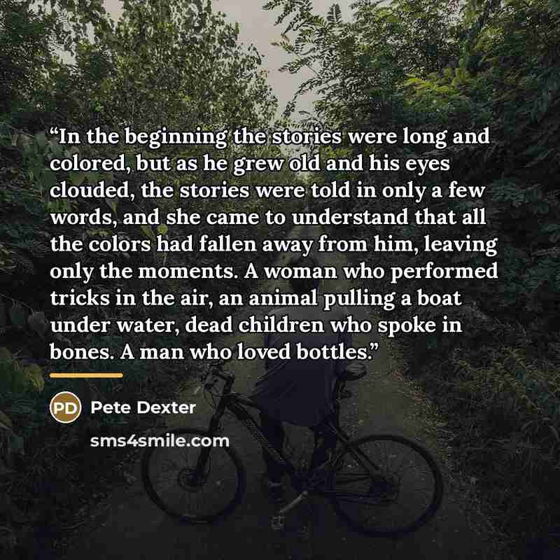 “In the beginning the stories were long and colored, but as he grew old and his eyes clouded, the stories were told in only a few words, and she came to understand that all the colors had fallen away from him, leaving only the moments. A woman who performed tricks in the air, an animal pulling a…” quote by Pete Dexter