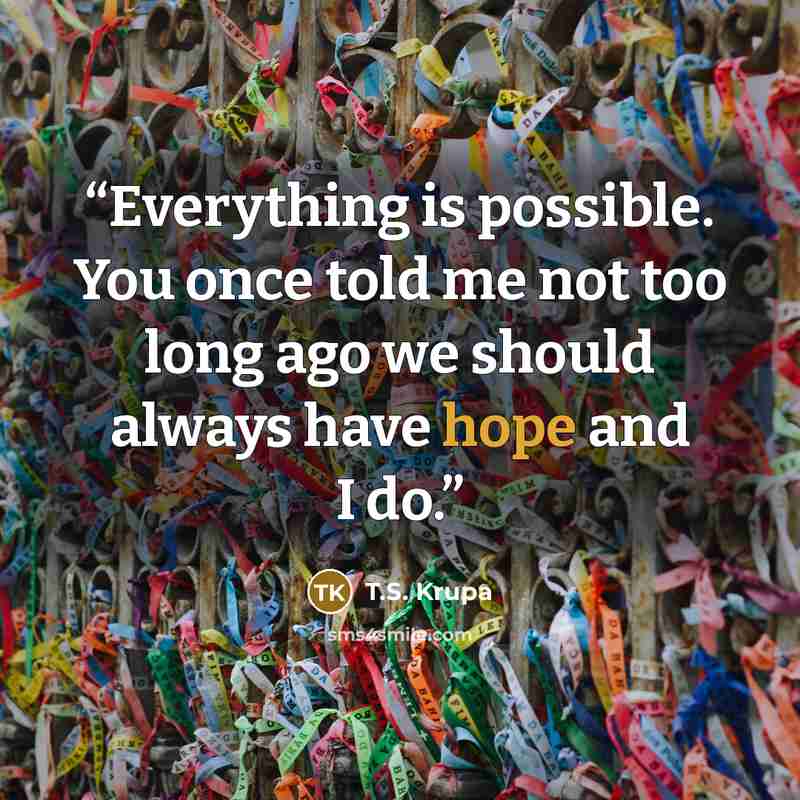 “Everything is possible. You once told me not too long ago we should always have hope and I do.” quote by T.S. Krupa