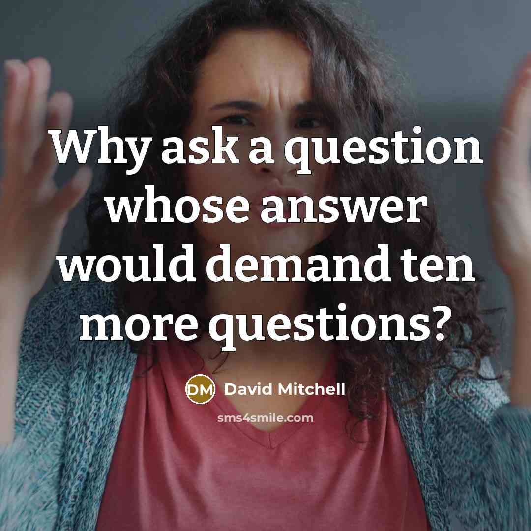 “Why ask a question whose answer would demand ten more questions?” quote by David Mitchell