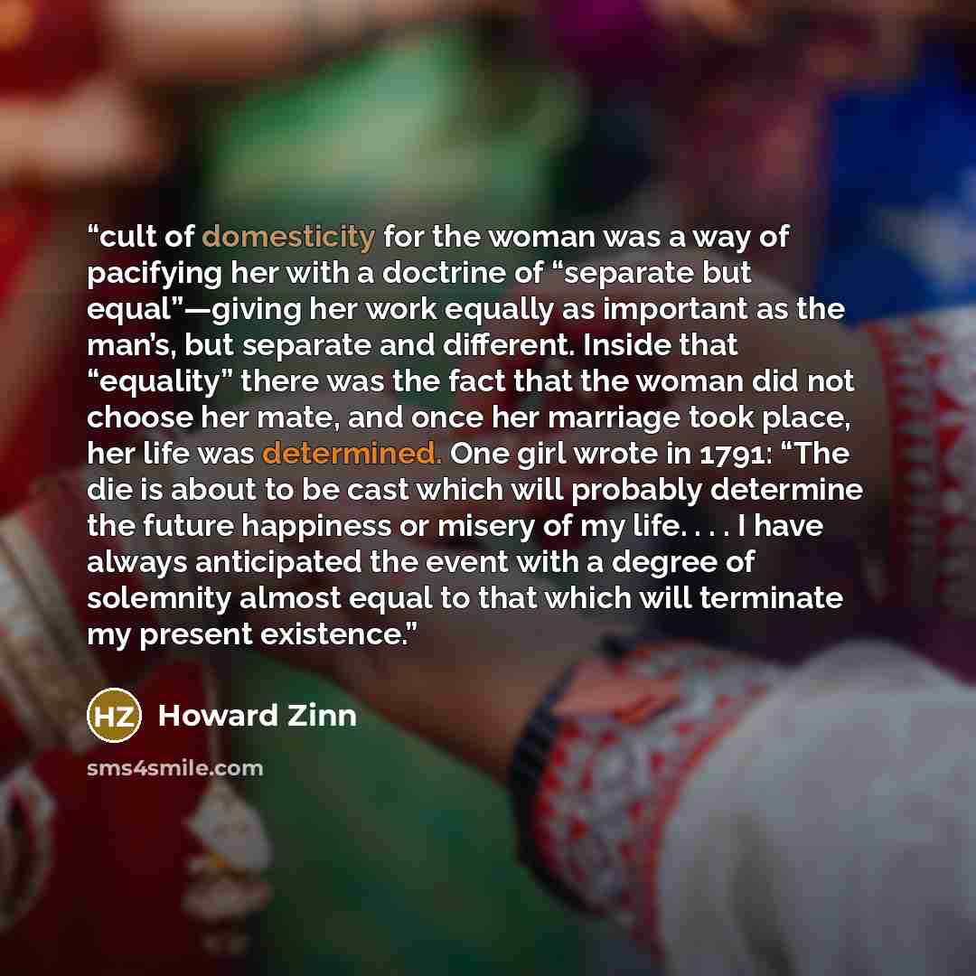 “cult of domesticity for the woman was a way of pacifying her with a doctrine of “separate but equal”—giving her work equally as important as the man’s, but separate and different. Inside that “equality” there was the fact that the woman did not choose her mate, and once her marriage took place…” quote by Howard Zinn