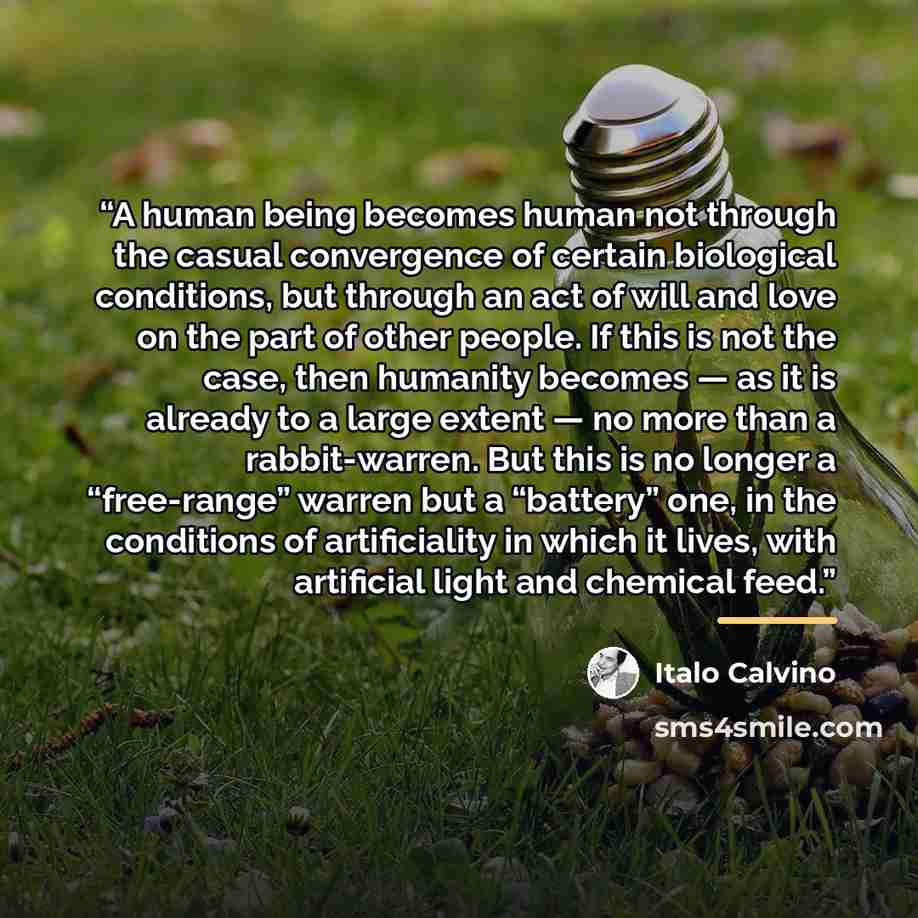 “A human being becomes human not through the casual convergence of certain biological conditions, but through an act of will and love on the part of other people. If this is not the case, then humanity becomes — as it is already to a large extent — no more than a rabbit-warren. But this is no…” quote by Italo Calvino