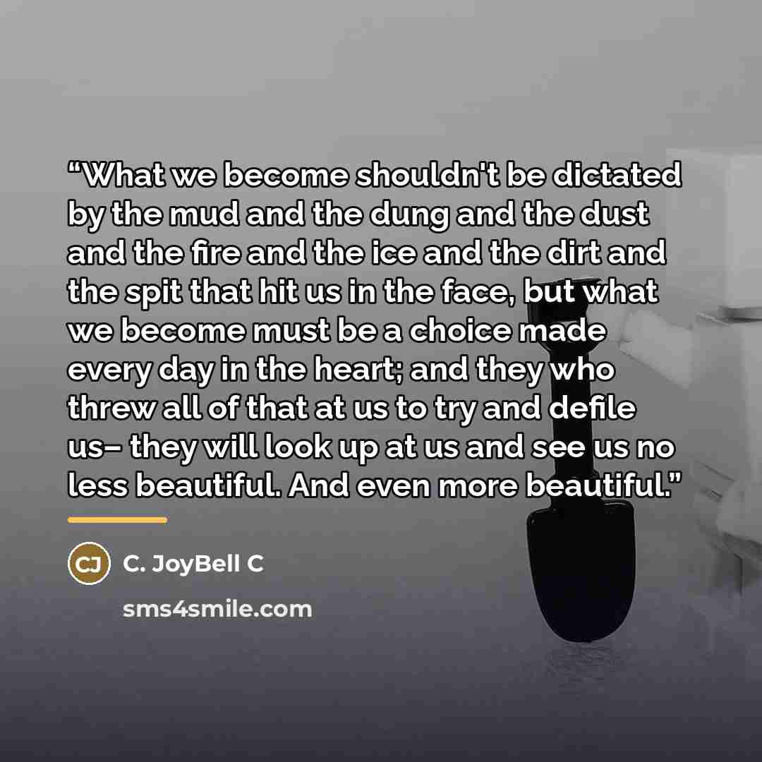 “What we become shouldn't be dictated by the mud and the dung and the dust and the fire and the ice and the dirt and the spit that hit us in the face, but what we become must be a choice made every day in the heart; and they who threw all of that at us to try and defile us– they will look up at us…” quote by C. JoyBell C