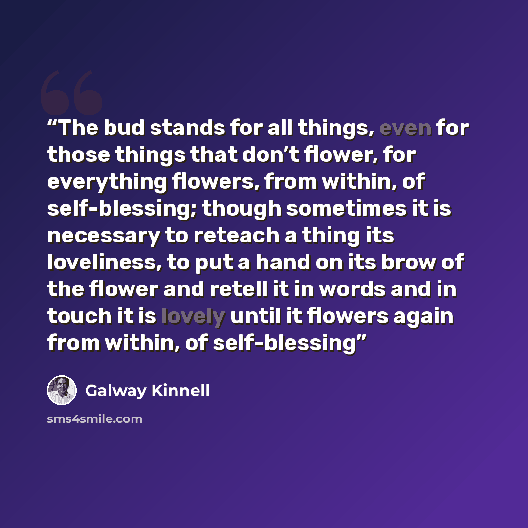 “The bud stands for all things, even for those things that don’t flower, for everything flowers, from within, of self-blessing; though sometimes it is necessary to reteach a thing its loveliness, to put a hand on its brow of the flower and retell it in words and in touch it is lovely until it…” quote by Galway Kinnell
