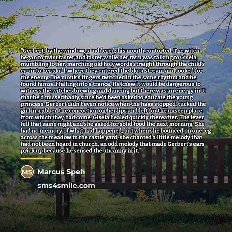 “Gerbert, by the window, shuddered; his mouth contorted. The witch began to twist faster and faster while her twin was talking to Gisela, mumbling to her, marching old holy words straight through the child’s ear into her skull, where they entered the bloodstream and looked for the enemy. The monk’s…” quote by Marcus Speh