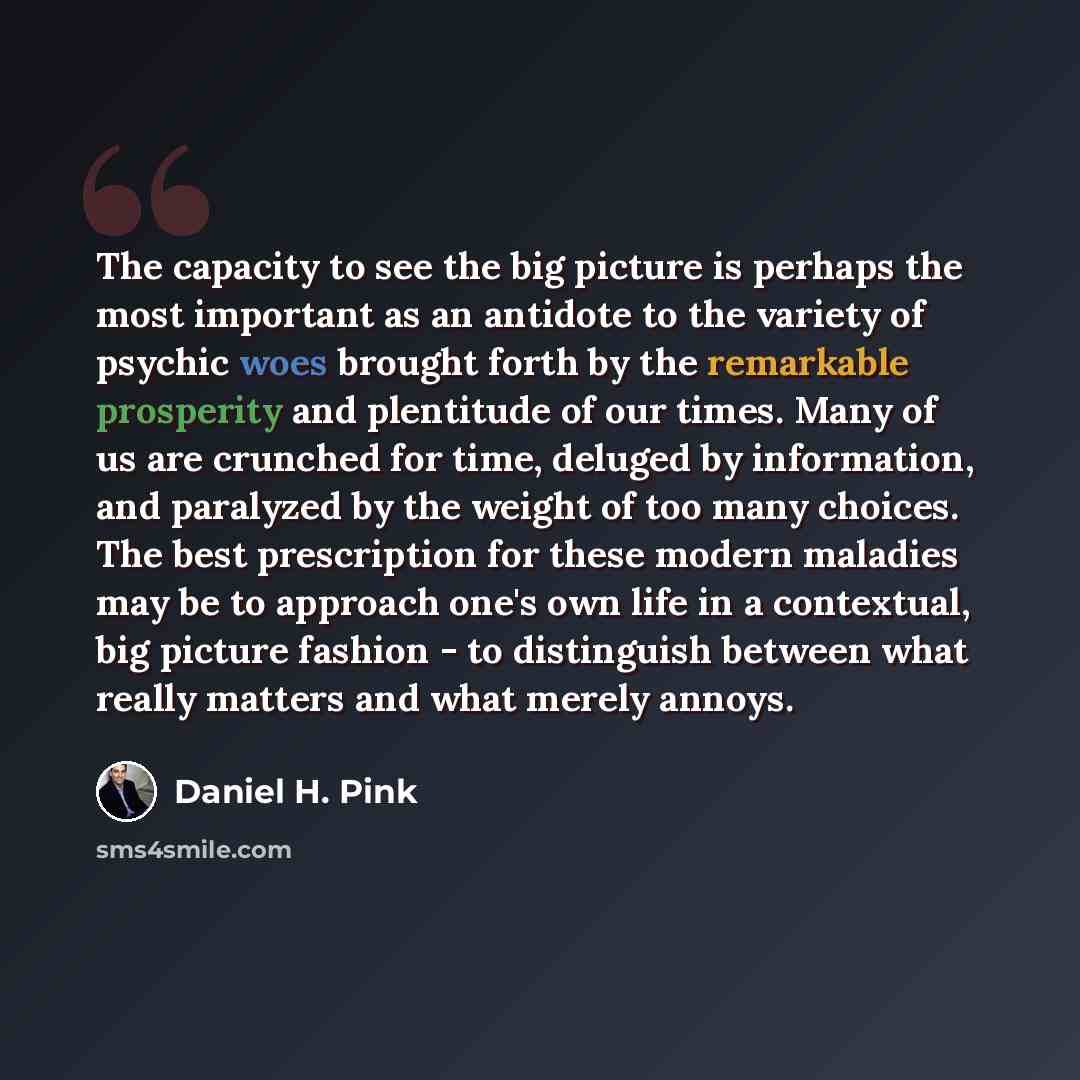 “The capacity to see the big picture is perhaps the most important as an antidote to the variety of psychic woes brought forth by the remarkable prosperity and plentitude of our times. Many of us are crunched for time, deluged by information, and paralyzed by the weight of too many choices. The…” quote by Daniel H. Pink