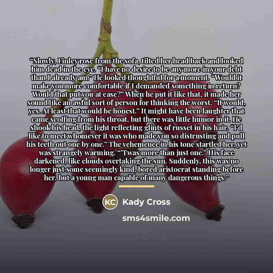 “Slowly, Finley rose from the sofa, tilted her head back and looked him dead in the eye. “I have no desire to be any more in your debt than I already am.” He looked thoughtful for a moment. “Would it make you more comfortable if I demanded something in return? Would that put you at ease?” When he…” quote by Kady Cross