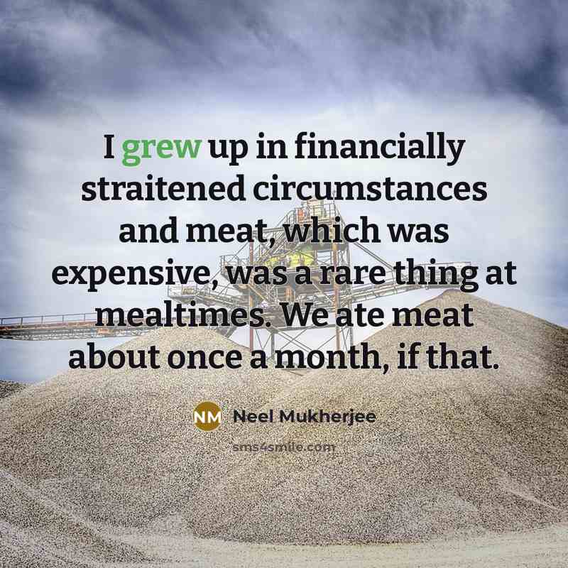 “I grew up in financially straitened circumstances and meat, which was expensive, was a rare thing at mealtimes. We ate meat about once a month, if that.” quote by Neel Mukherjee