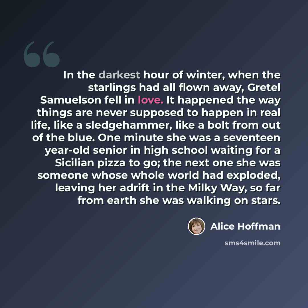 “In the darkest hour of winter, when the starlings had all flown away, Gretel Samuelson fell in love. It happened the way things are never supposed to happen in real life, like a sledgehammer, like a bolt from out of the blue. One minute she was a seventeen year-old senior in high school waiting…” quote by Alice Hoffman