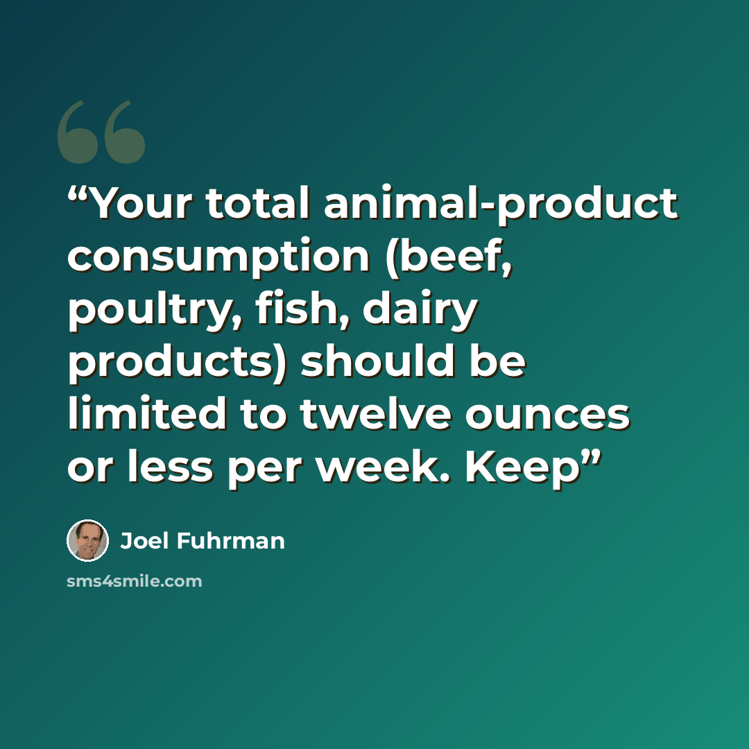 “Your total animal-product consumption (beef, poultry, fish, dairy products) should be limited to twelve ounces or less per week. Keep” quote by Joel Fuhrman