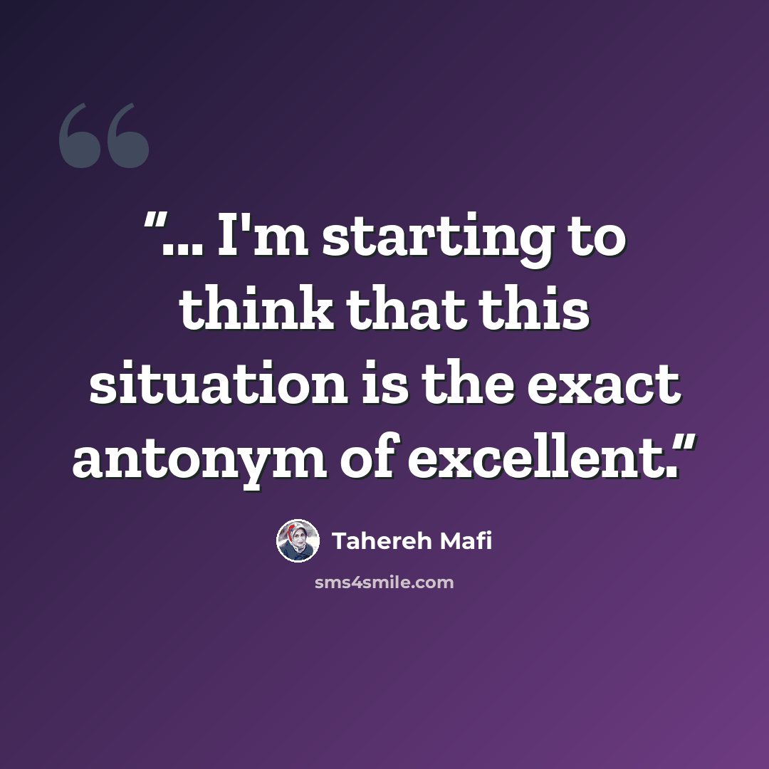 “... I'm starting to think that this situation is the exact antonym of excellent.” quote by Tahereh Mafi