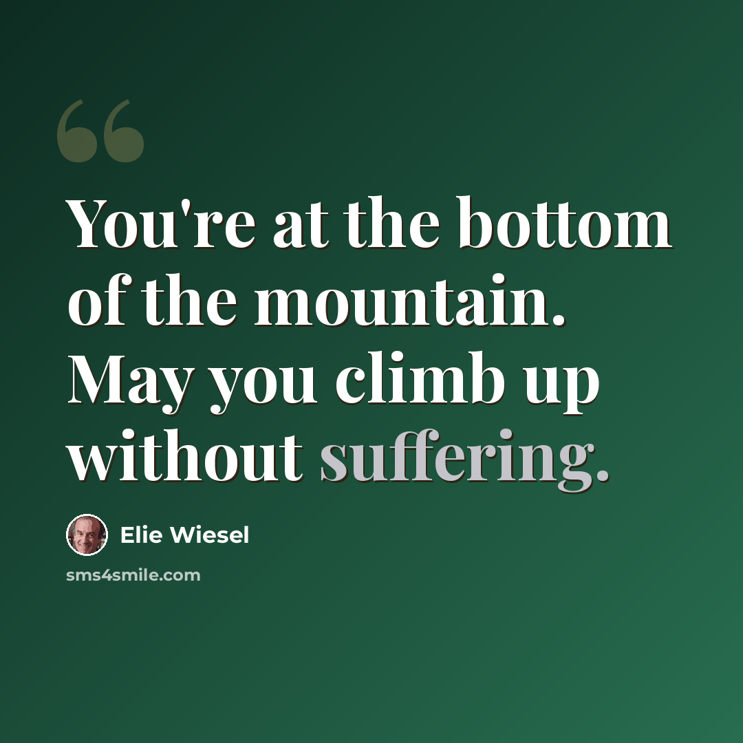 “You're at the bottom of the mountain. May you climb up without suffering.” quote by Elie Wiesel