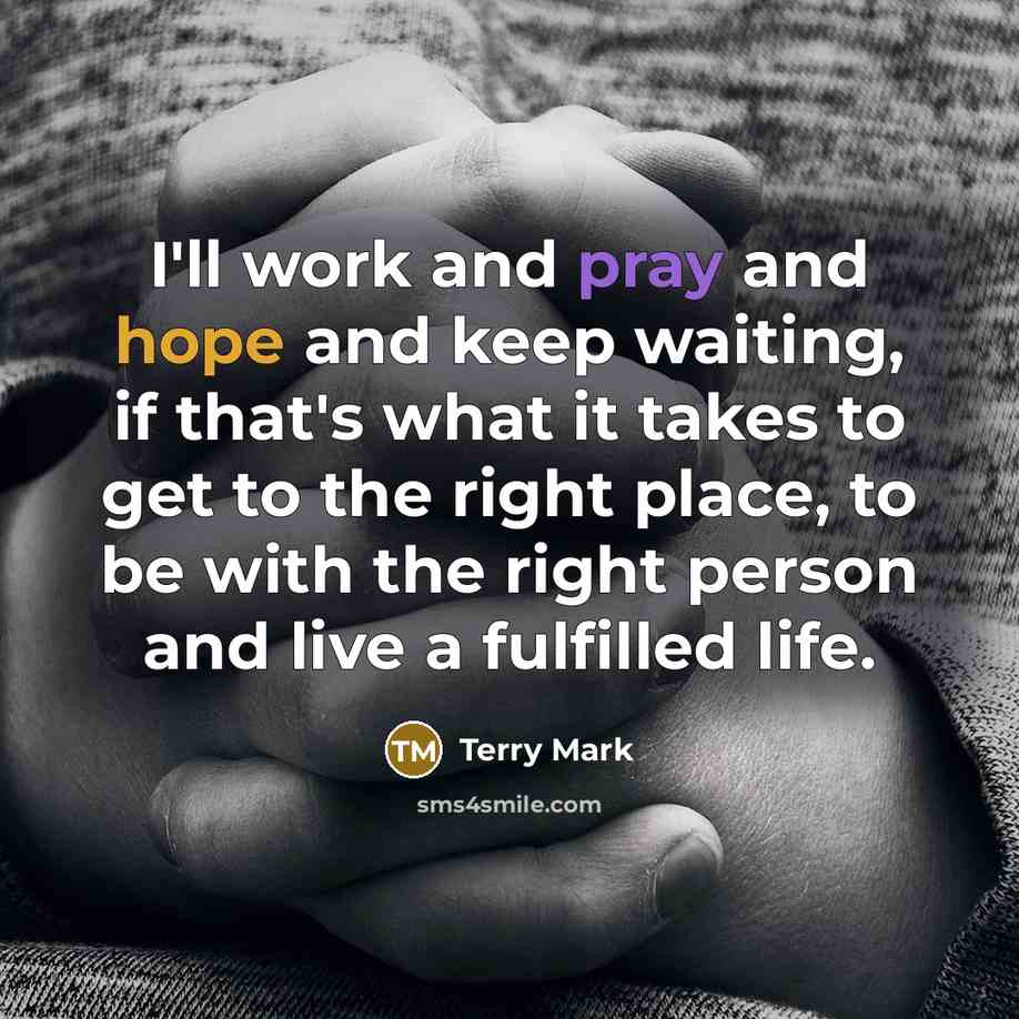 “I'll work and pray and hope and keep waiting, if that's what it takes to get to the right place, to be with the right person and live a fulfilled life.” quote by Terry Mark