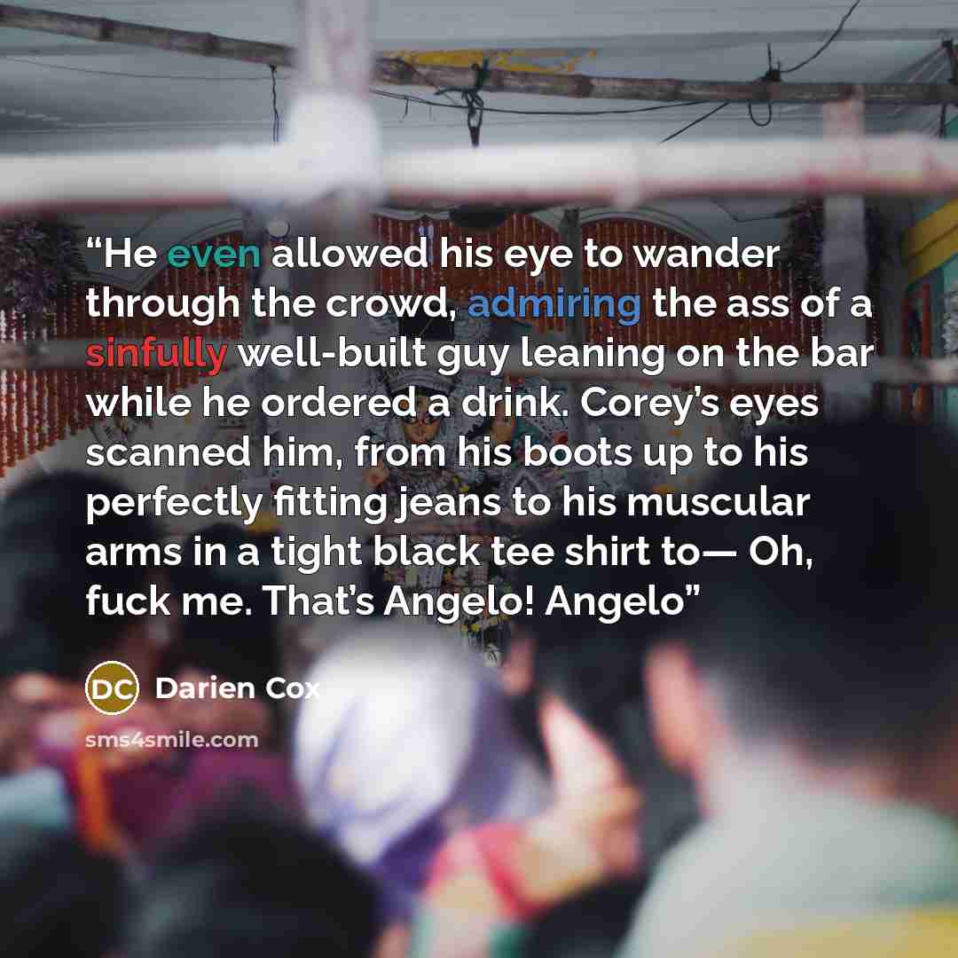 “He even allowed his eye to wander through the crowd, admiring the ass of a sinfully well-built guy leaning on the bar while he ordered a drink. Corey’s eyes scanned him, from his boots up to his perfectly fitting jeans to his muscular arms in a tight black tee shirt to— Oh, fuck me. That’s Angelo!…” quote by Darien Cox