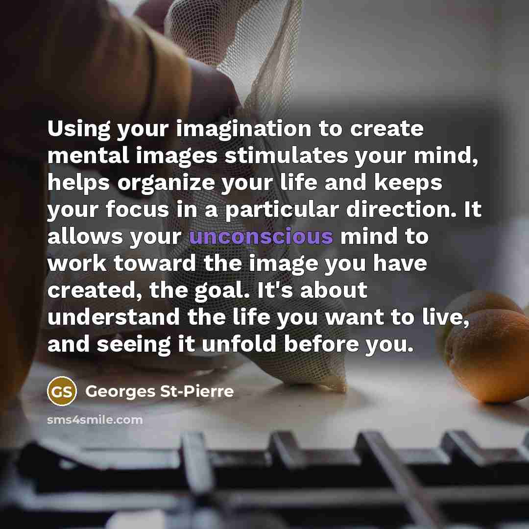 “Using your imagination to create mental images stimulates your mind, helps organize your life and keeps your focus in a particular direction. It allows your unconscious mind to work toward the image you have created, the goal. It's about understand the life you want to live, and seeing it unfold…” quote by Georges St-Pierre