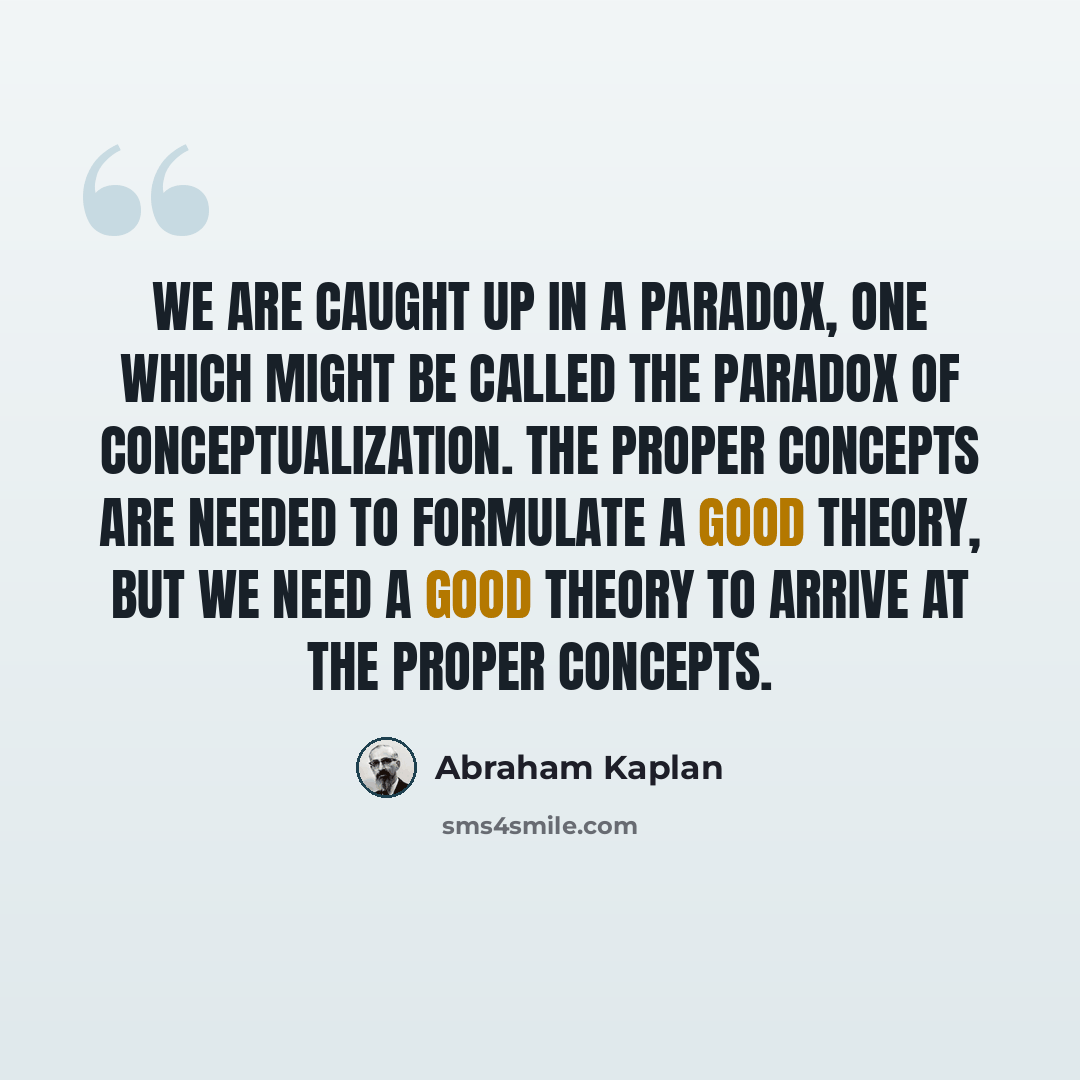 “We are caught up in a paradox, one which might be called the paradox of conceptualization. The proper concepts are needed to formulate a good theory, but we need a good theory to arrive at the proper concepts.” quote by Abraham Kaplan