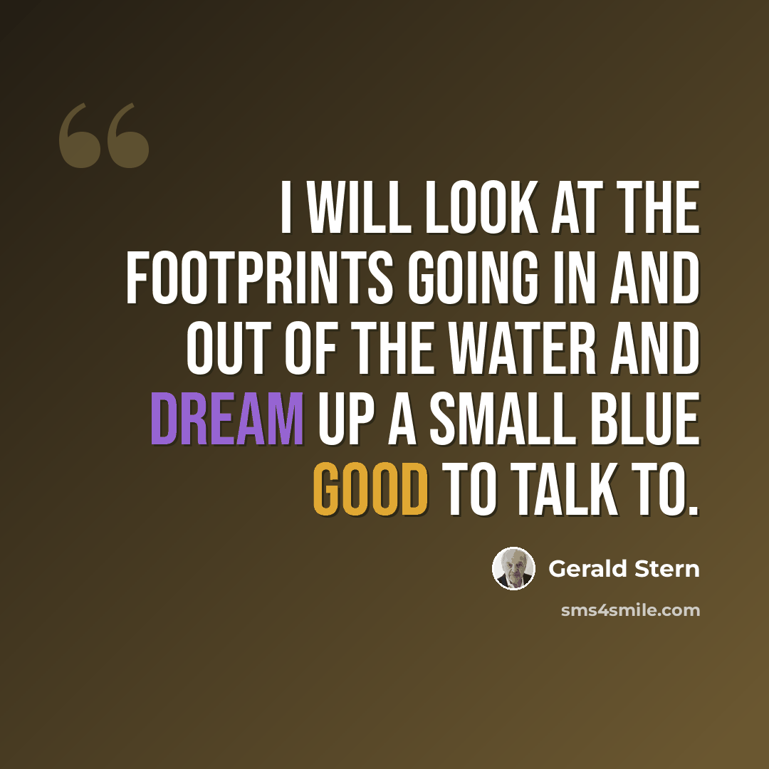 “I will look at the footprints going in and out of the water and dream up a small blue good to talk to.” quote by Gerald Stern