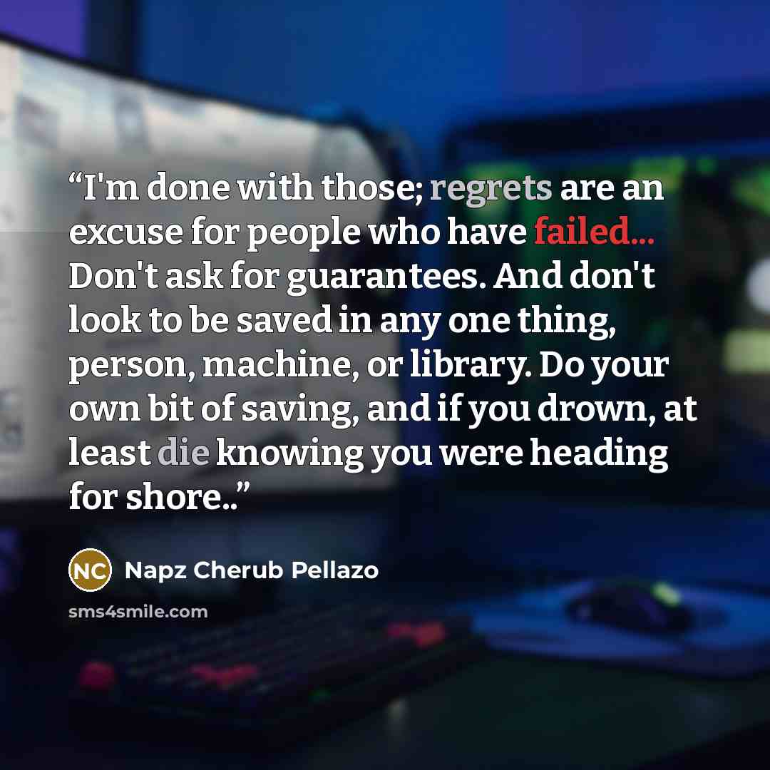 “I'm done with those; regrets are an excuse for people who have failed... Don't ask for guarantees. And don't look to be saved in any one thing, person, machine, or library. Do your own bit of saving, and if you drown, at least die knowing you were heading for shore..” quote by Napz Cherub Pellazo