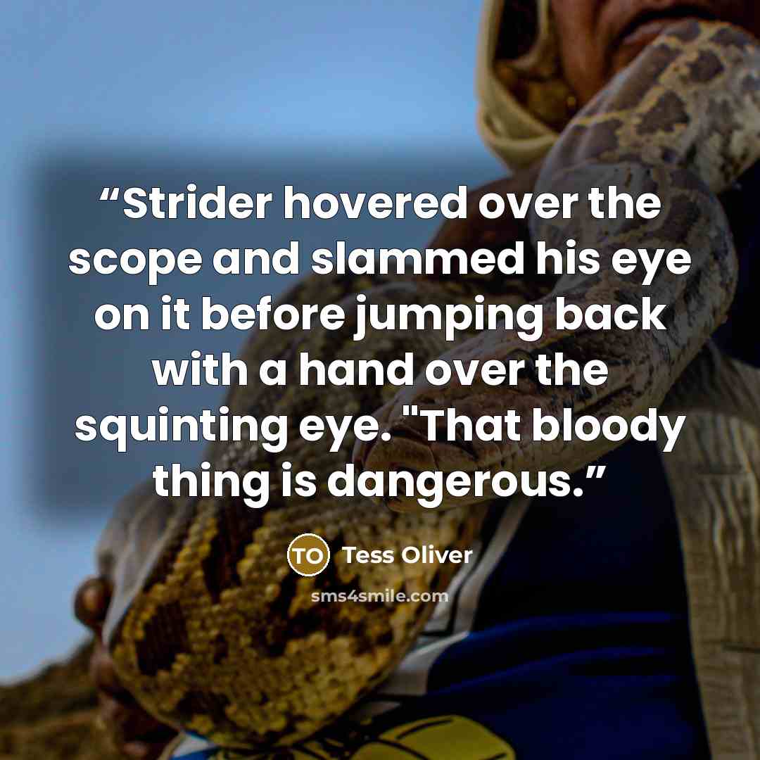 “Strider hovered over the scope and slammed his eye on it before jumping back with a hand over the squinting eye. "That bloody thing is dangerous.” quote by Tess Oliver