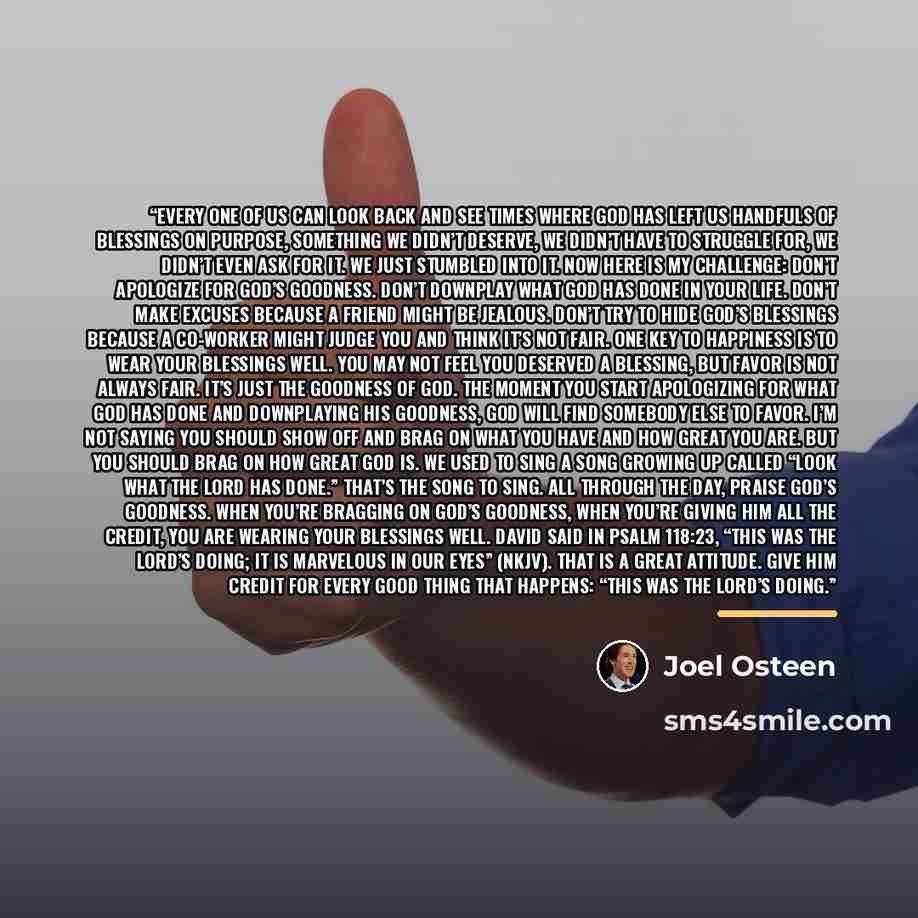 “Every one of us can look back and see times where God has left us handfuls of blessings on purpose, something we didn’t deserve, we didn’t have to struggle for, we didn’t even ask for it. We just stumbled into it. Now here is my challenge: Don’t apologize for God’s goodness. Don’t downplay what…” quote by Joel Osteen