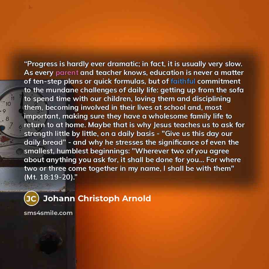 “Progress is hardly ever dramatic; in fact, it is usually very slow. As every parent and teacher knows, education is never a matter of ten-step plans or quick formulas, but of faithful commitment to the mundane challenges of daily life: getting up from the sofa to spend time with our children…” quote by Johann Christoph Arnold