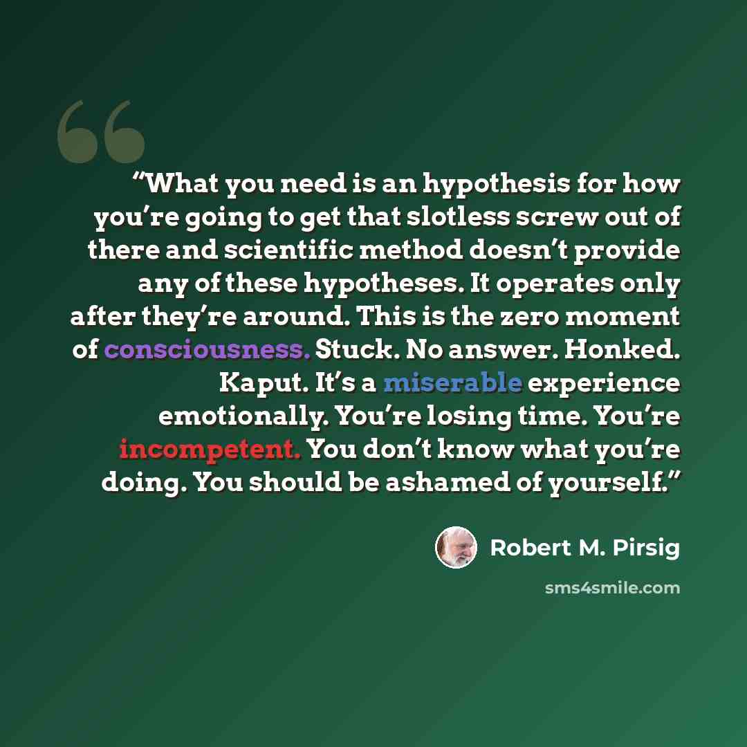 “What you need is an hypothesis for how you’re going to get that slotless screw out of there and scientific method doesn’t provide any of these hypotheses. It operates only after they’re around. This is the zero moment of consciousness. Stuck. No answer. Honked. Kaput. It’s a miserable experience…” quote by Robert M. Pirsig