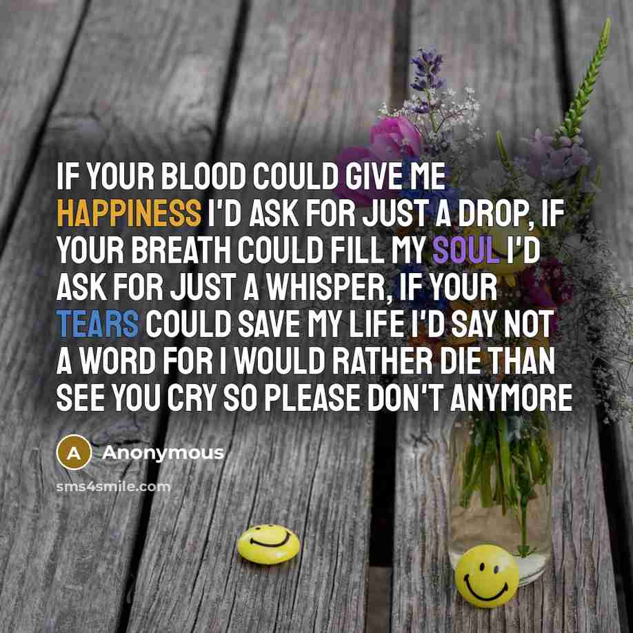 “If your blood could give me happiness I'd ask for just a drop, if your breath could fill my soul I'd ask for just a whisper, if your tears could save my life I'd say not a word for I would rather die than see you cry so please don't anymore” quote by Anonymous