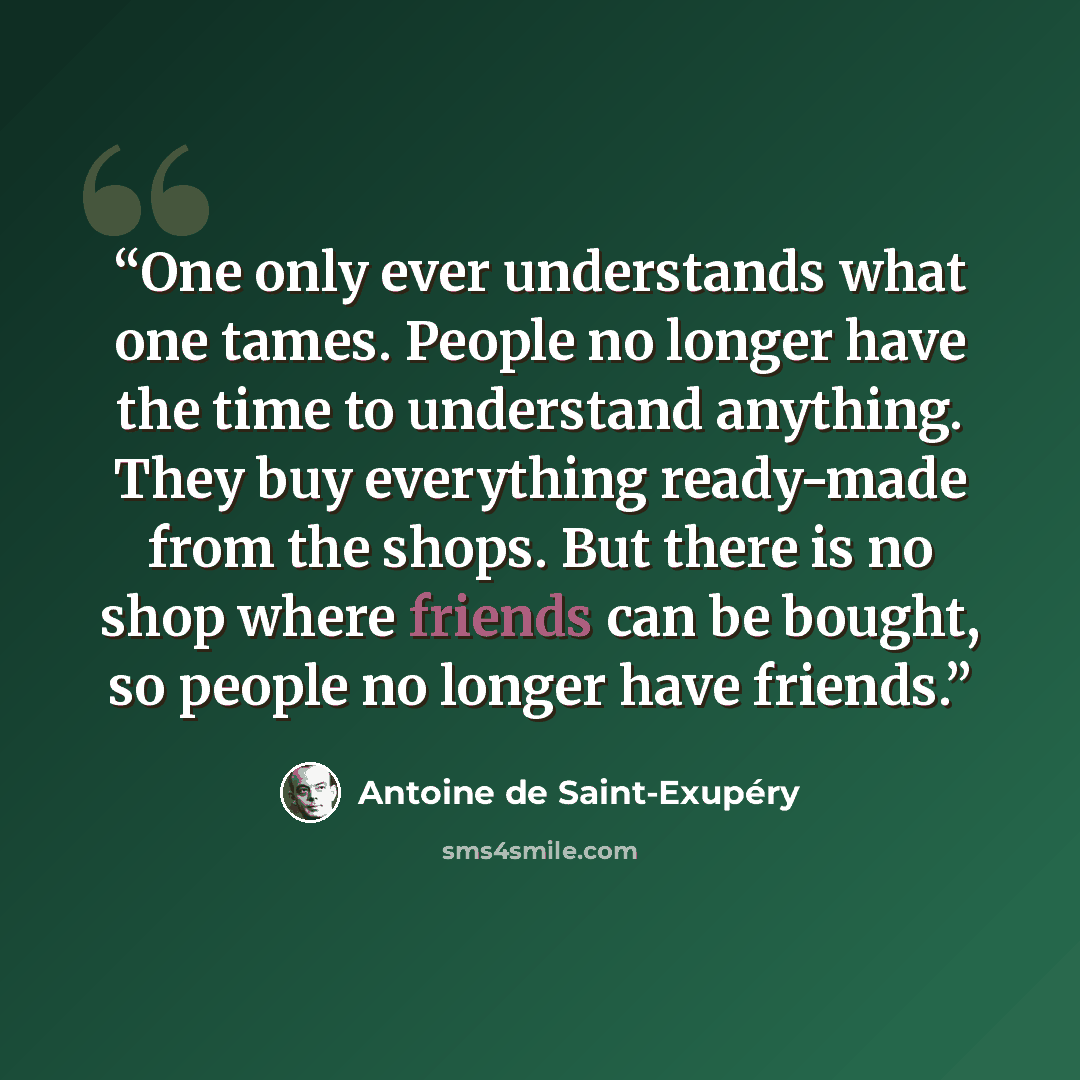 “One only ever understands what one tames. People no longer have the time to understand anything. They buy everything ready-made from the shops. But there is no shop where friends can be bought, so people no longer have friends.” quote by Antoine de Saint-Exupéry