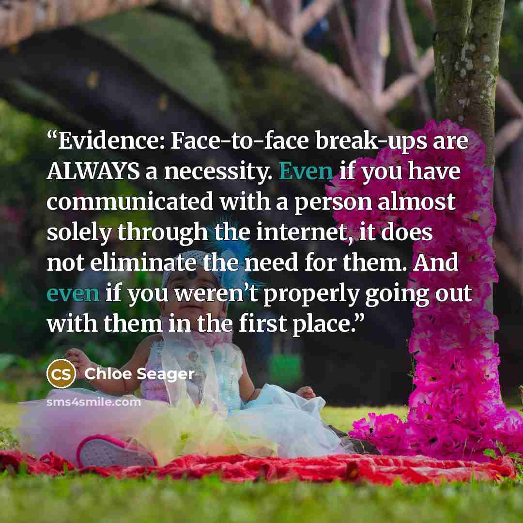 “Evidence: Face-to-face break-ups are ALWAYS a necessity. Even if you have communicated with a person almost solely through the internet, it does not eliminate the need for them. And even if you weren’t properly going out with them in the first place.” quote by Chloe Seager