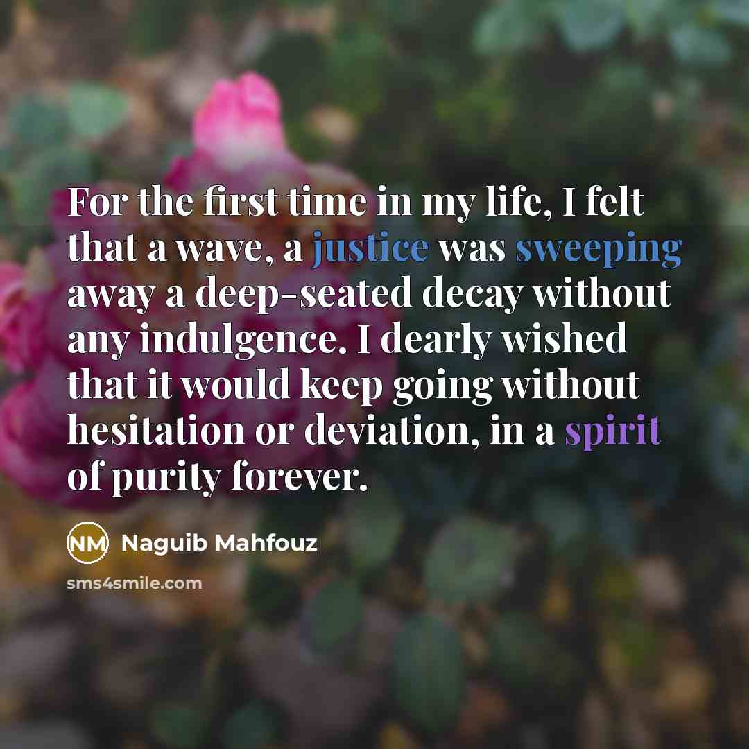 “For the first time in my life, I felt that a wave, a justice was sweeping away a deep-seated decay without any indulgence. I dearly wished that it would keep going without hesitation or deviation, in a spirit of purity forever.” quote by Naguib Mahfouz