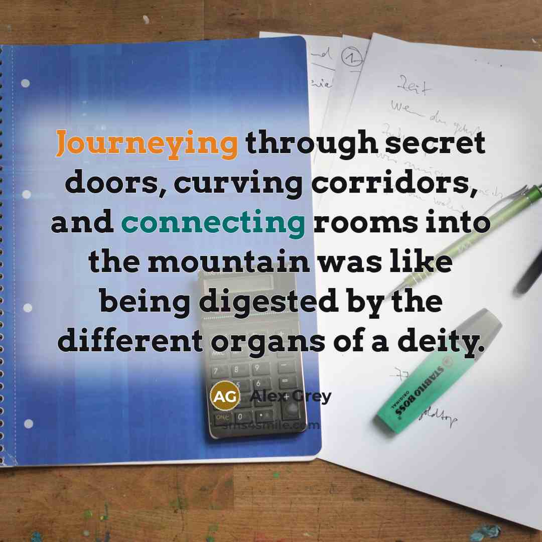 “Journeying through secret doors, curving corridors, and connecting rooms into the mountain was like being digested by the different organs of a deity.” quote by Alex Grey