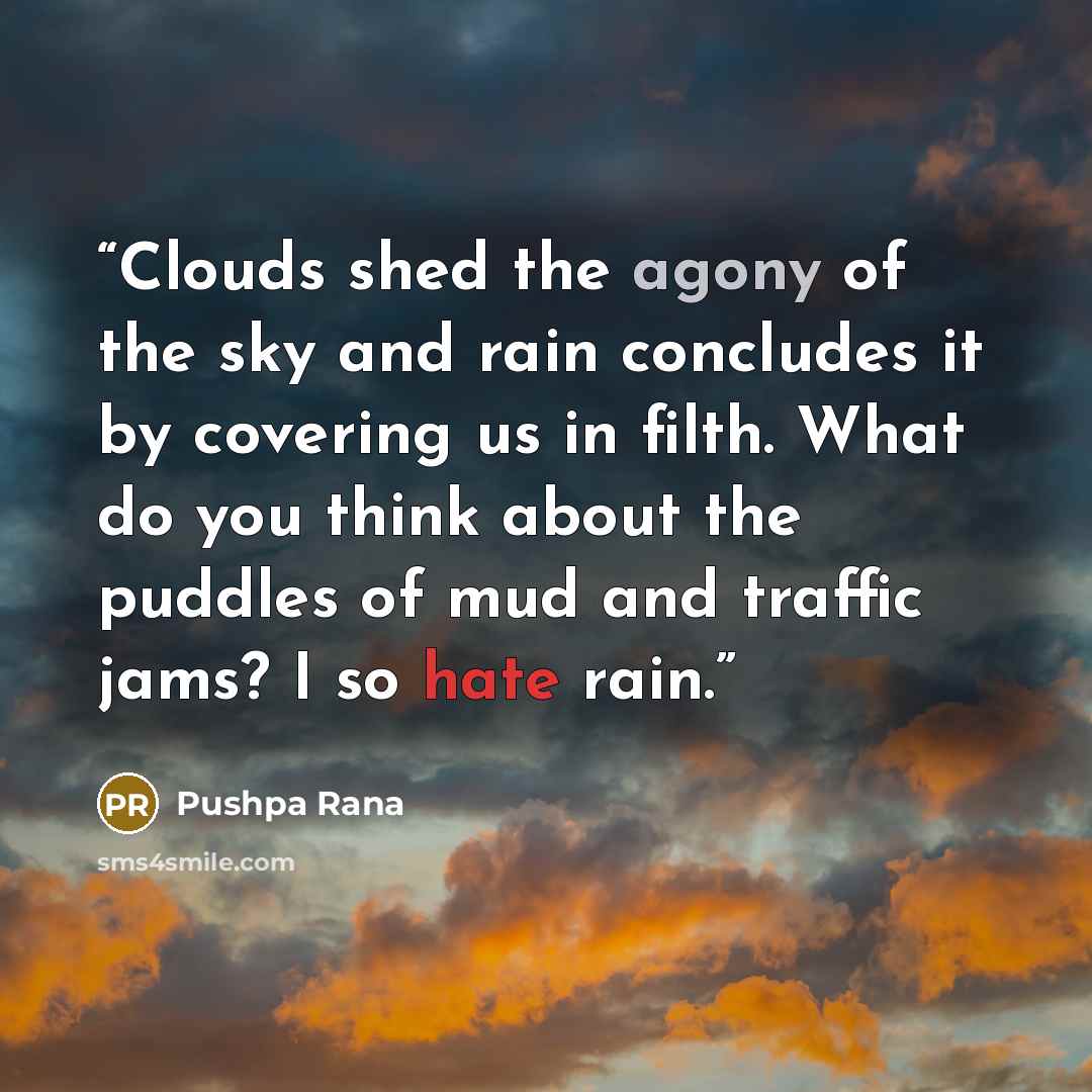 “Clouds shed the agony of the sky and rain concludes it by covering us in filth. What do you think about the puddles of mud and traffic jams? I so hate rain.” quote by Pushpa Rana