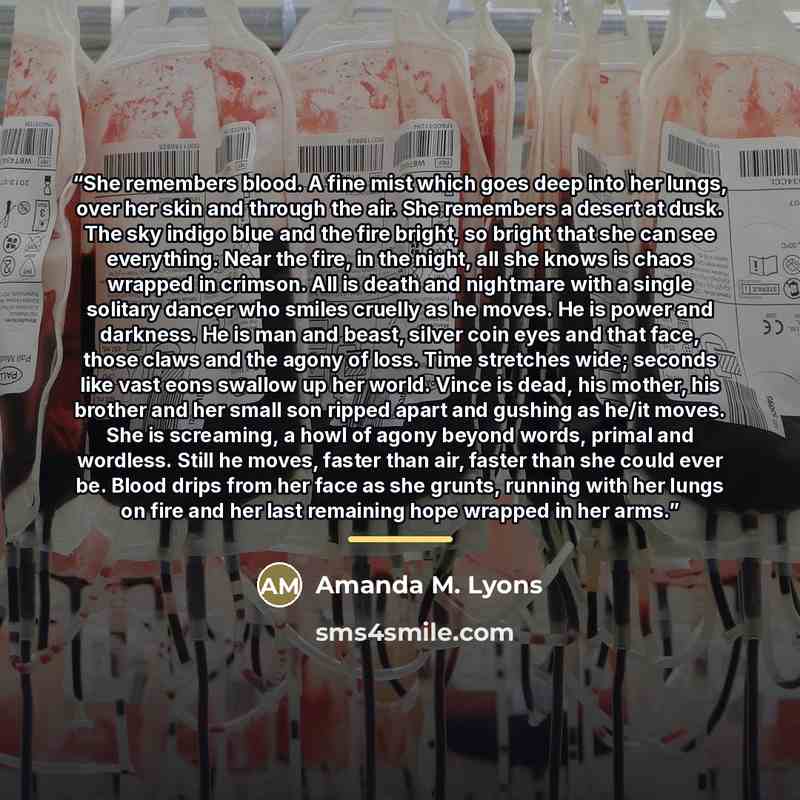 “She remembers blood. A fine mist which goes deep into her lungs, over her skin and through the air. She remembers a desert at dusk. The sky indigo blue and the fire bright, so bright that she can see everything. Near the fire, in the night, all she knows is chaos wrapped in crimson. All is death…” quote by Amanda M. Lyons