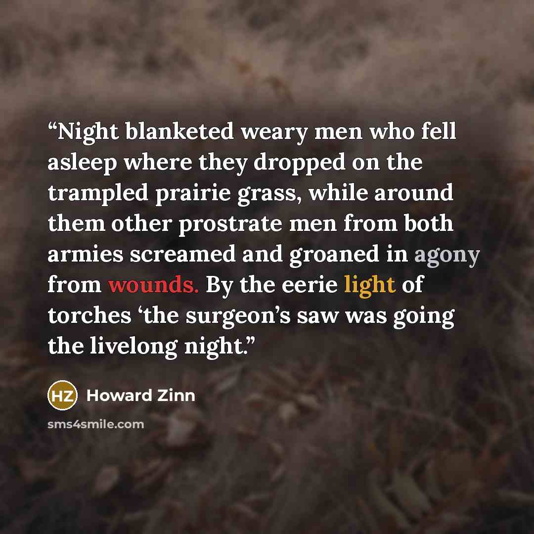 “Night blanketed weary men who fell asleep where they dropped on the trampled prairie grass, while around them other prostrate men from both armies screamed and groaned in agony from wounds. By the eerie light of torches ‘the surgeon’s saw was going the livelong night.” quote by Howard Zinn