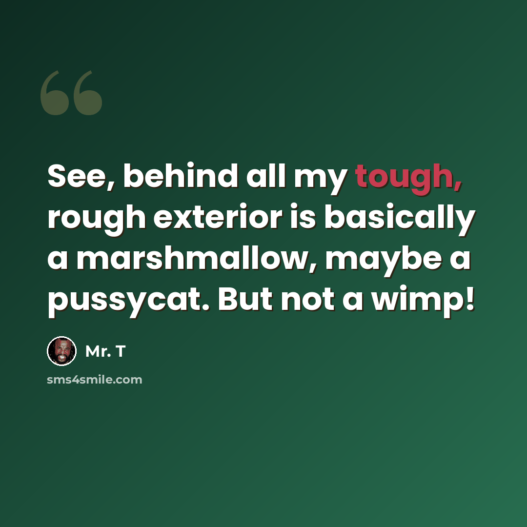 “See, behind all my tough, rough exterior is basically a marshmallow, maybe a pussycat. But not a wimp!” quote by Mr. T