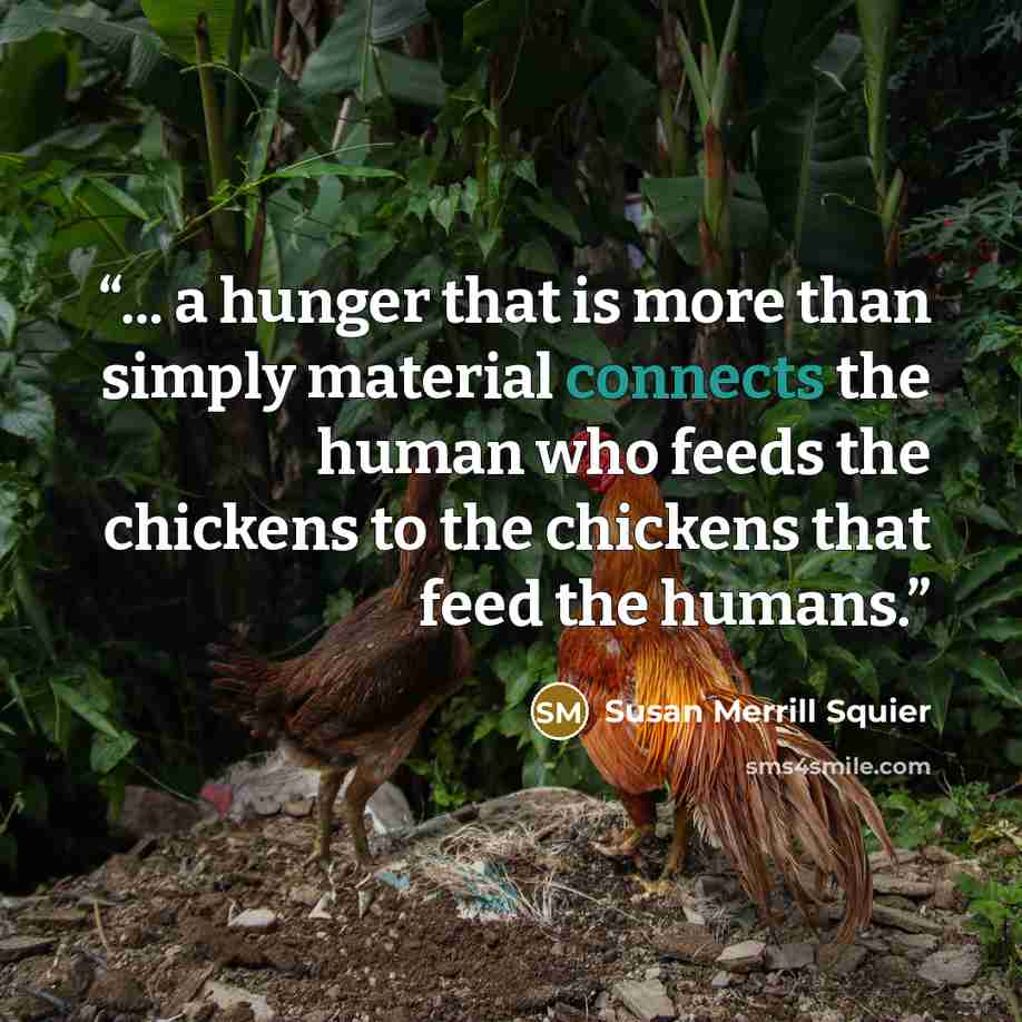 “... a hunger that is more than simply material connects the human who feeds the chickens to the chickens that feed the humans.” quote by Susan Merrill Squier