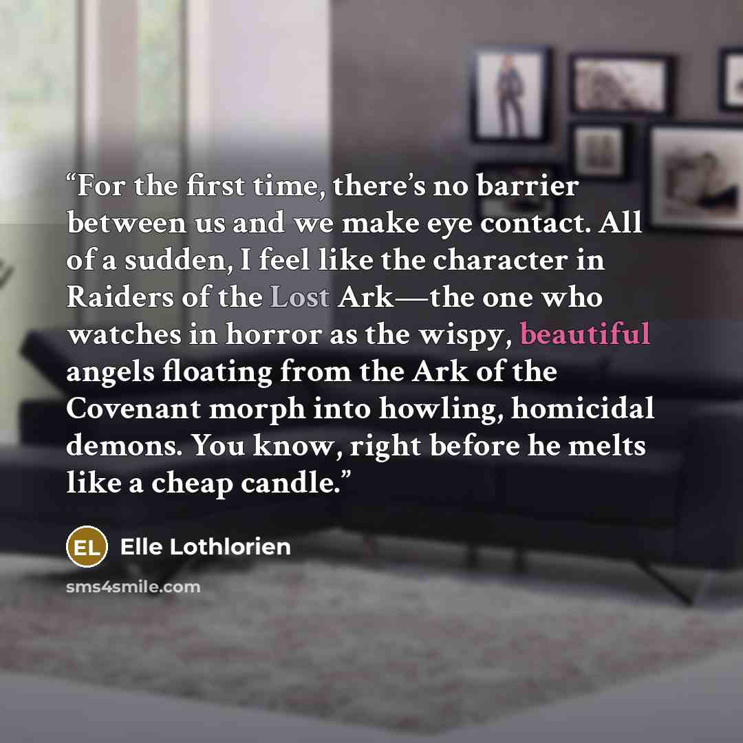 “For the first time, there’s no barrier between us and we make eye contact. All of a sudden, I feel like the character in Raiders of the Lost Ark—the one who watches in horror as the wispy, beautiful angels floating from the Ark of the Covenant morph into howling, homicidal demons. You know, right…” quote by Elle Lothlorien