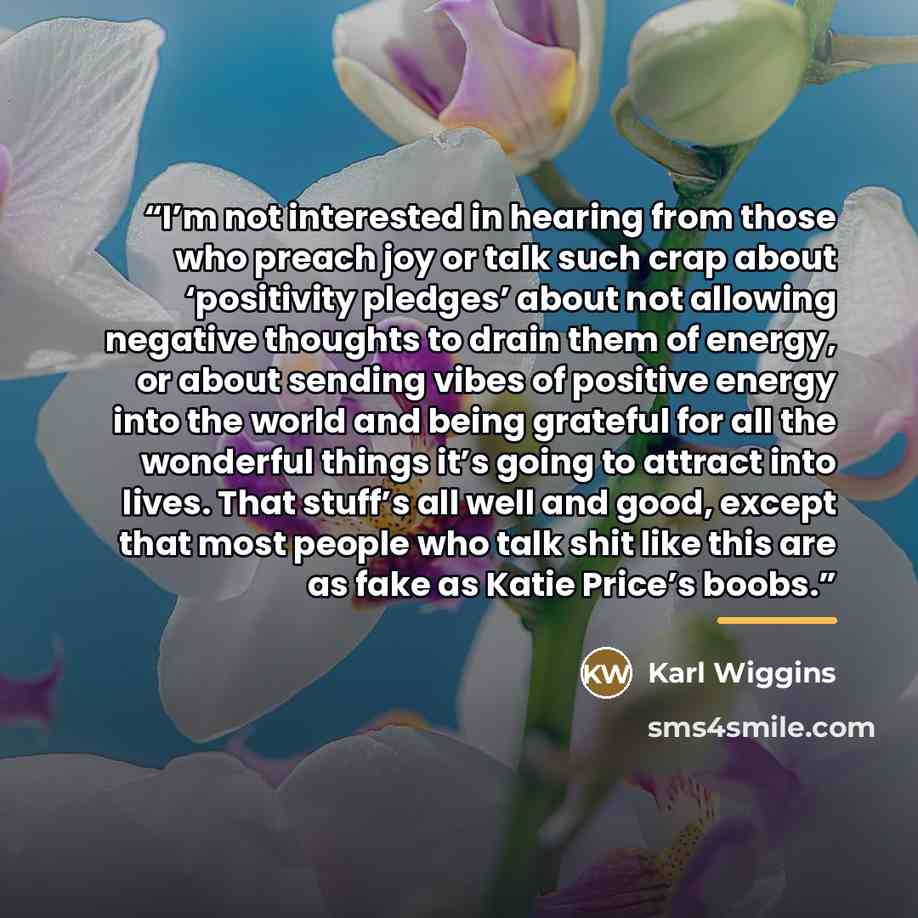 “I’m not interested in hearing from those who preach joy or talk such crap about ‘positivity pledges’ about not allowing negative thoughts to drain them of energy, or about sending vibes of positive energy into the world and being grateful for all the wonderful things it’s going to attract into…” quote by Karl Wiggins