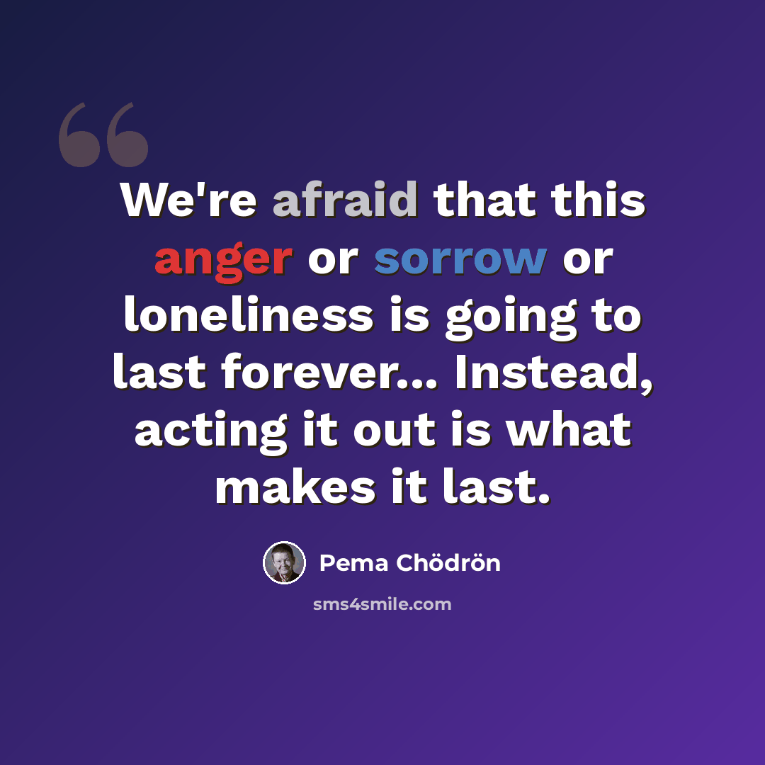 “We're afraid that this anger or sorrow or loneliness is going to last forever... Instead, acting it out is what makes it last.” quote by Pema Chodron