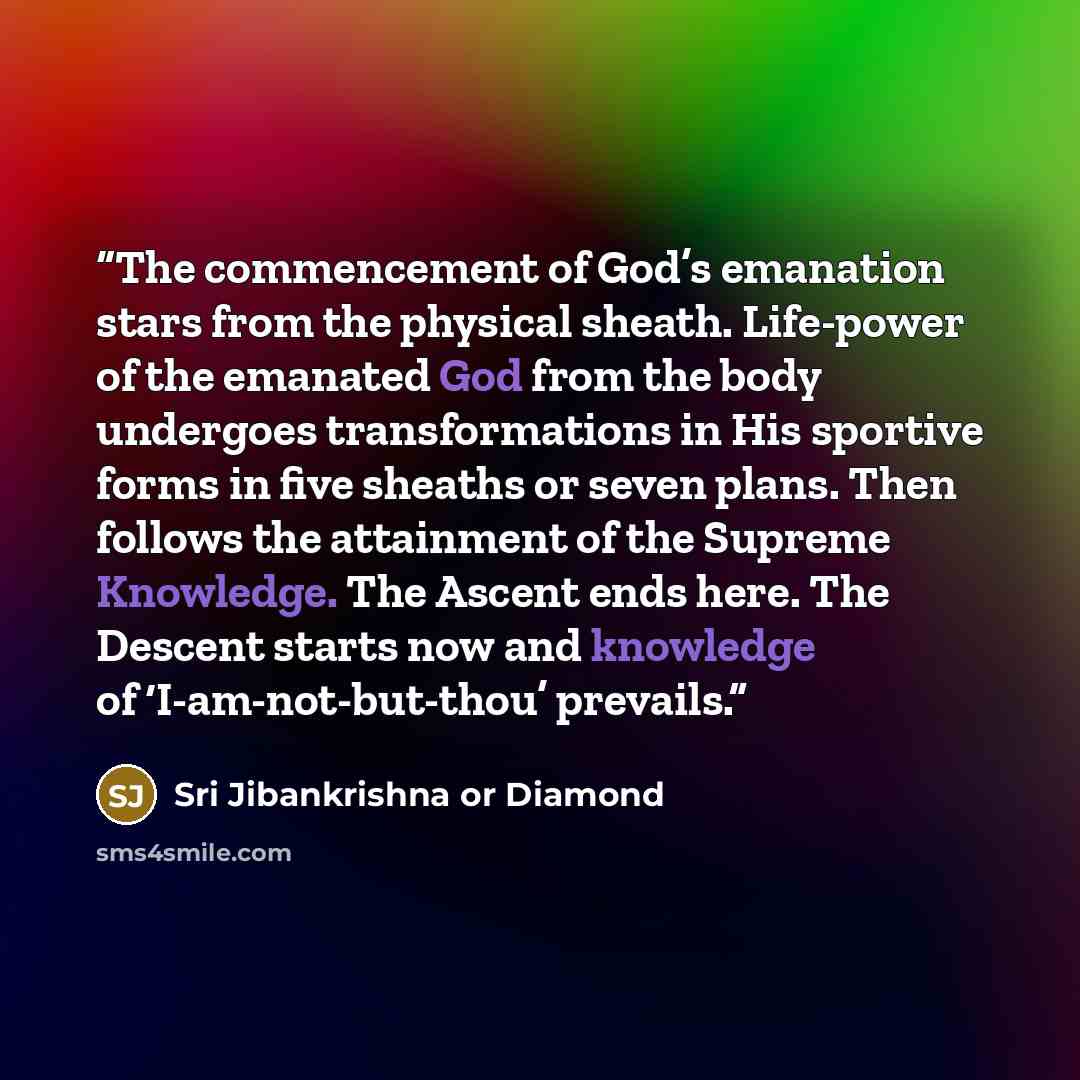 “The commencement of God’s emanation stars from the physical sheath. Life-power of the emanated God from the body undergoes transformations in His sportive forms in five sheaths or seven plans. Then follows the attainment of the Supreme Knowledge. The Ascent ends here. The Descent starts now and…” quote by Sri Jibankrishna or Diamond