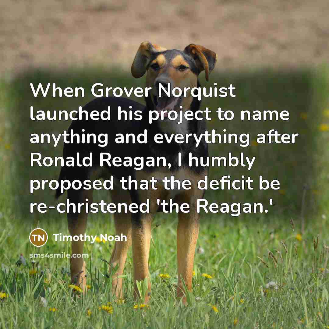 “When Grover Norquist launched his project to name anything and everything after Ronald Reagan, I humbly proposed that the deficit be re-christened 'the Reagan.'” quote by Timothy Noah