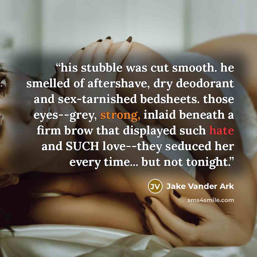 “his stubble was cut smooth. he smelled of aftershave, dry deodorant and sex-tarnished bedsheets. those eyes--grey, strong, inlaid beneath a firm brow that displayed such hate and SUCH love--they seduced her every time... but not tonight.” quote by Jake Vander Ark
