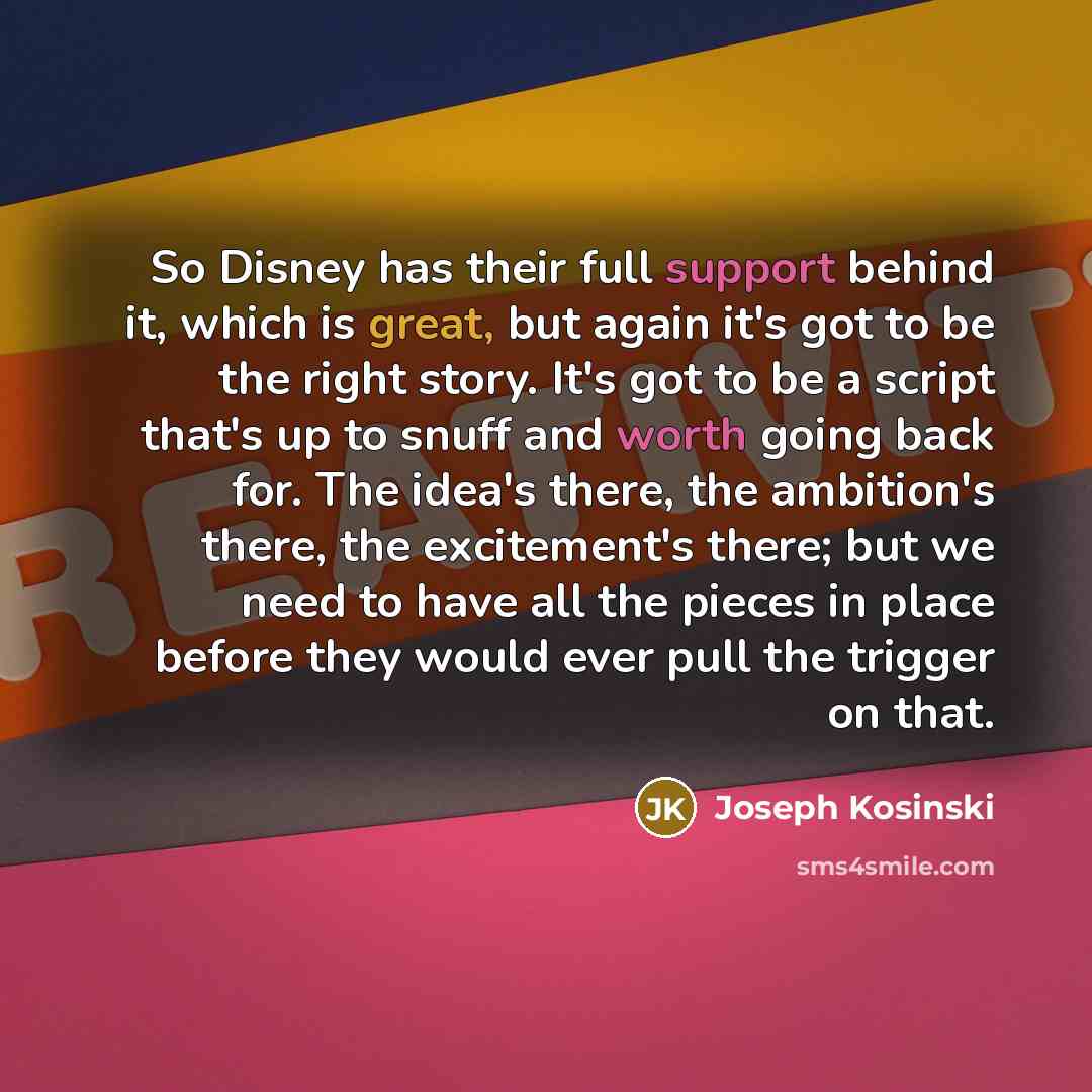 “So Disney has their full support behind it, which is great, but again it's got to be the right story. It's got to be a script that's up to snuff and worth going back for. The idea's there, the ambition's there, the excitement's there; but we need to have all the pieces in place before they would…” quote by Joseph Kosinski